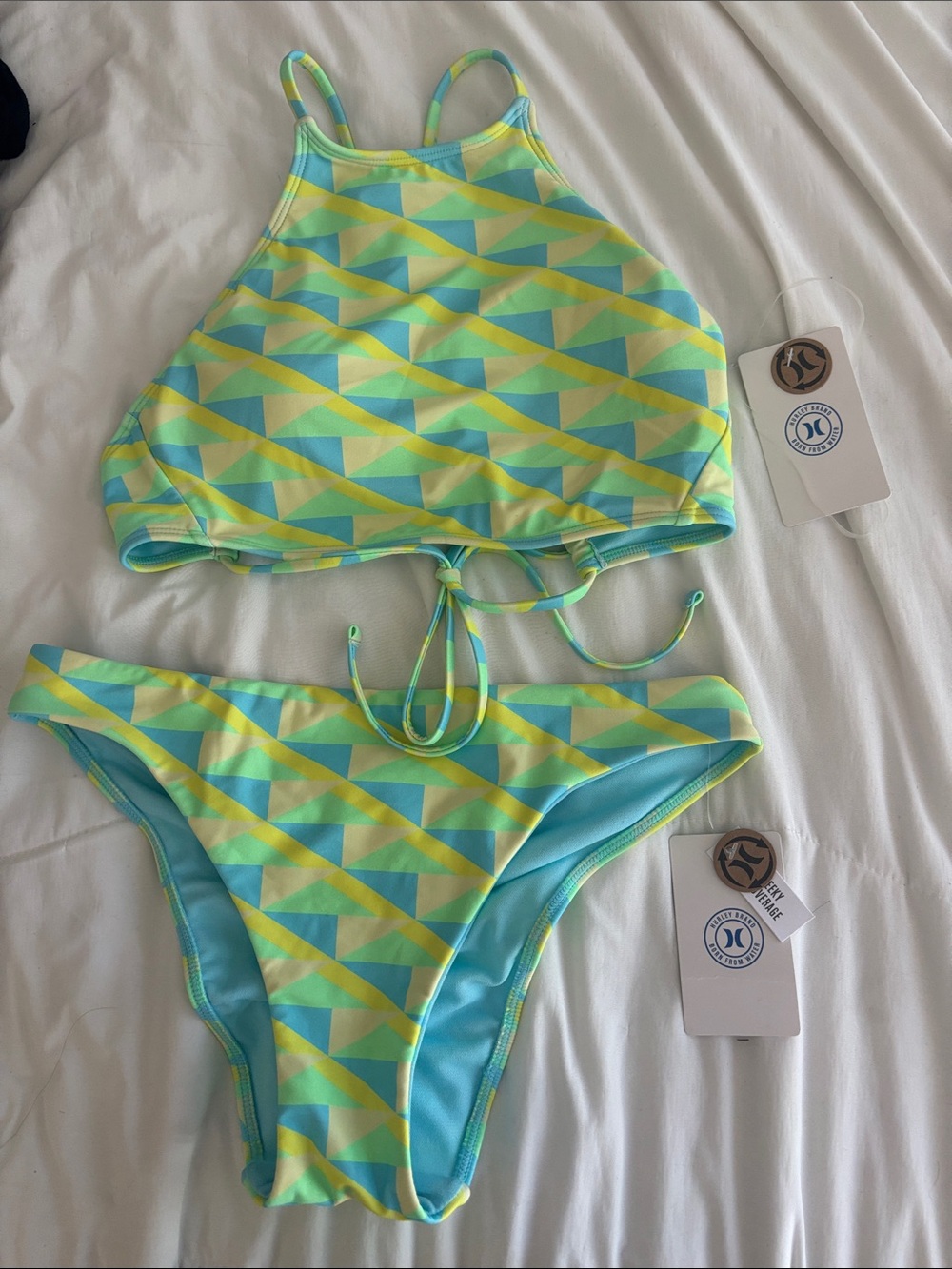 Hurley Aqua & Yellow Geometric High-Neck Bikini Set